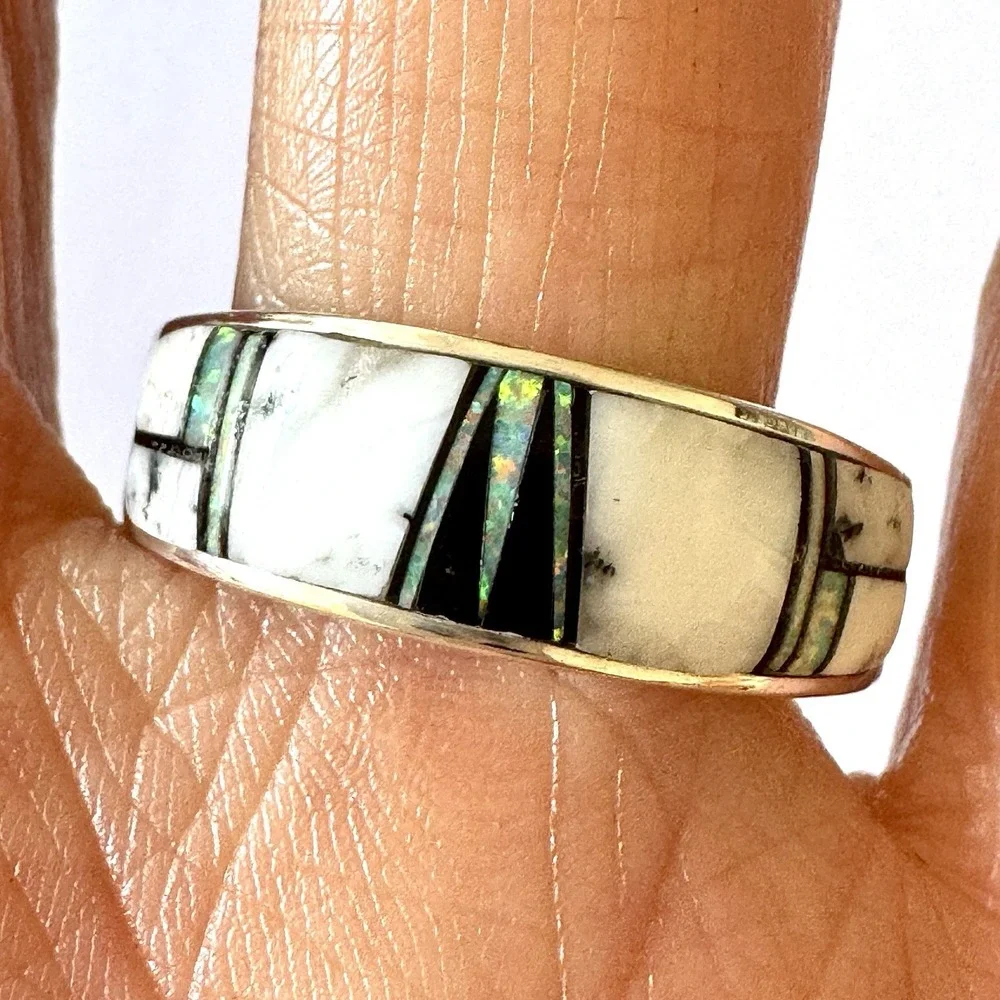 Navajo Wedding Band Sz 11 Inlay Ring Opal White Buffalo 8mm Mens Signed A Tolino
